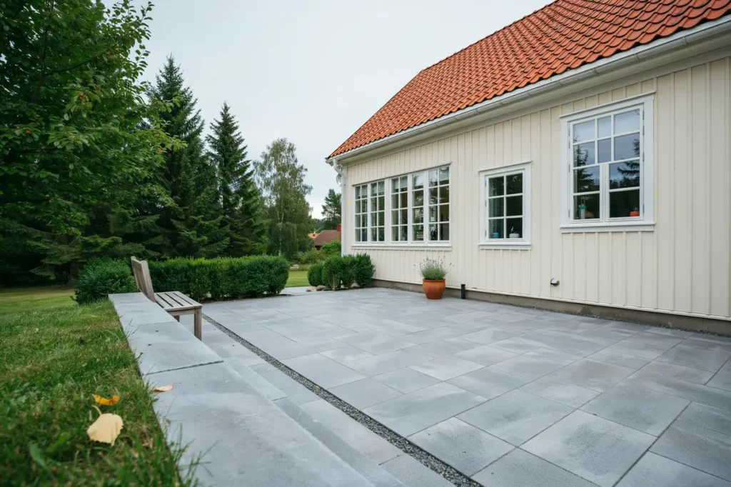 ny stenlagd uteplats och g ngyta vid villa i k llered
